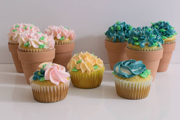 istock Assorted Garden Party Cupcakes in Terracotta Pots 1144456179