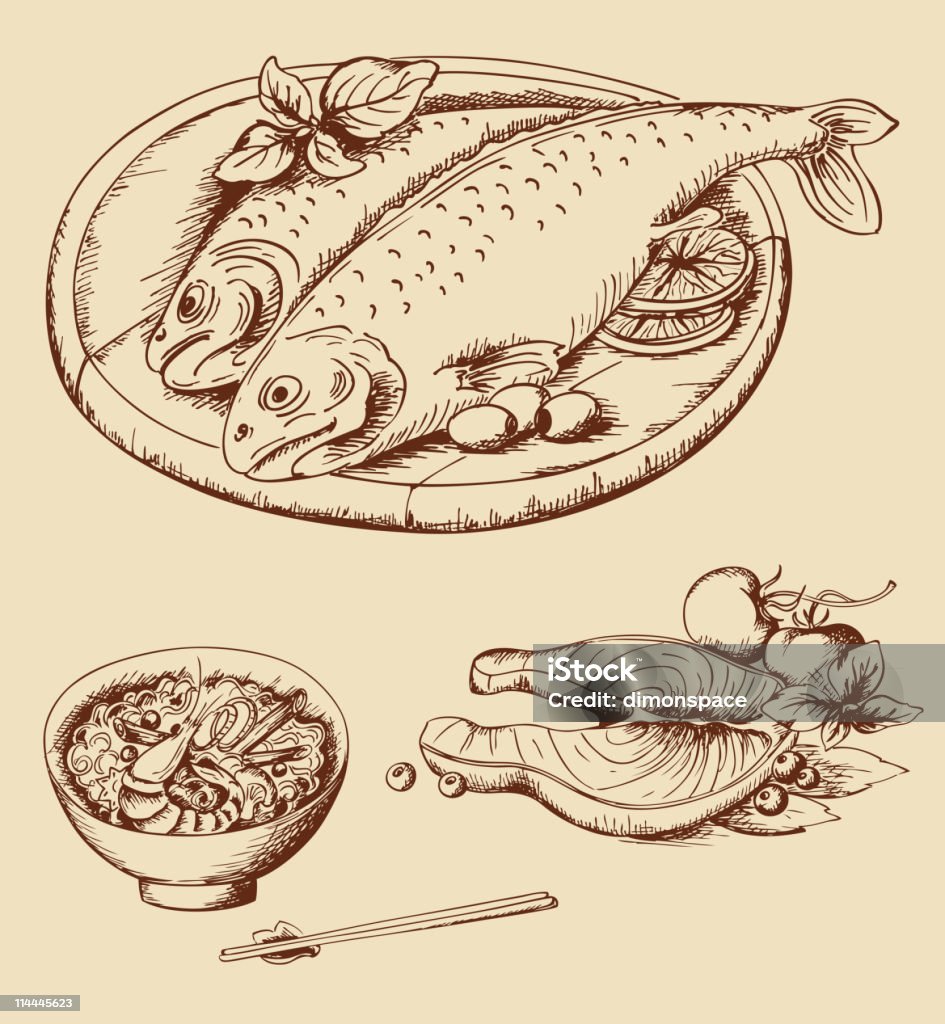 hand drawn vintage Fisch und Meeresfrüchte - Lizenzfrei 1940-1949 Vektorgrafik