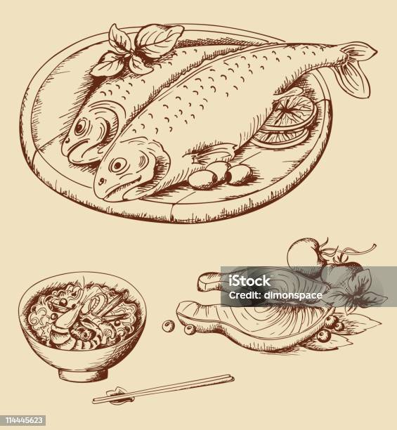 Hand Drawn Vintage Fisch Und Meeresfrüchte Stock Vektor Art und mehr Bilder von 1940-1949 - 1940-1949, Bleistiftzeichnung, Farbbild