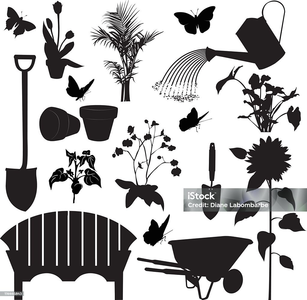 Gli elementi da giardinaggio modelli con strumenti, piante, bench e carriola - arte vettoriale royalty-free di Sagoma - Controluce