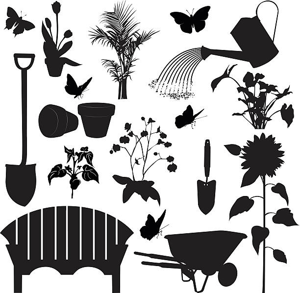 Gardening Elements Silhouettes including tools,plants, bench and wheelbarrow Gardening Elements black Silhouettes including tools,plants, bench and wheelbarrow clipart icons. The set also includes a watering can tipped and spraying water, terra cotta clay flower pots, sunflower plant, orchids, tulips, hand trough and spade shovel. The set is isolated on white. gardening silhouettes stock illustrations