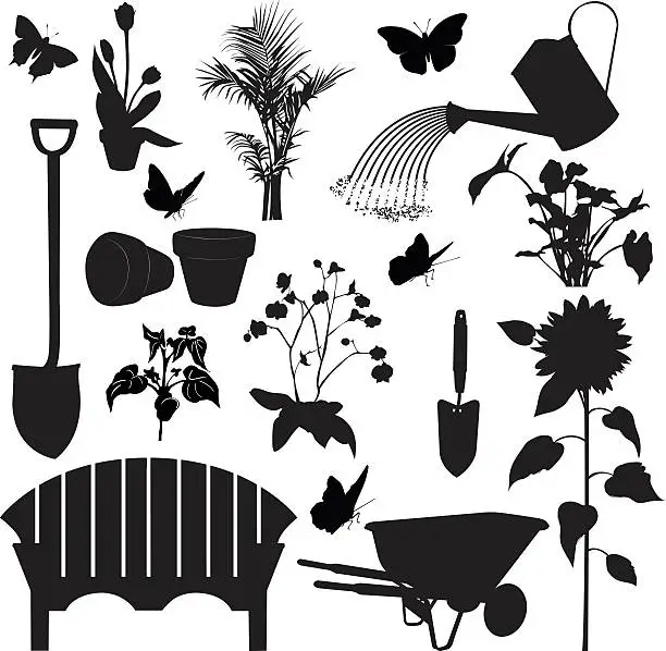 Vector illustration of Gardening Elements Silhouettes including tools,plants, bench and wheelbarrow