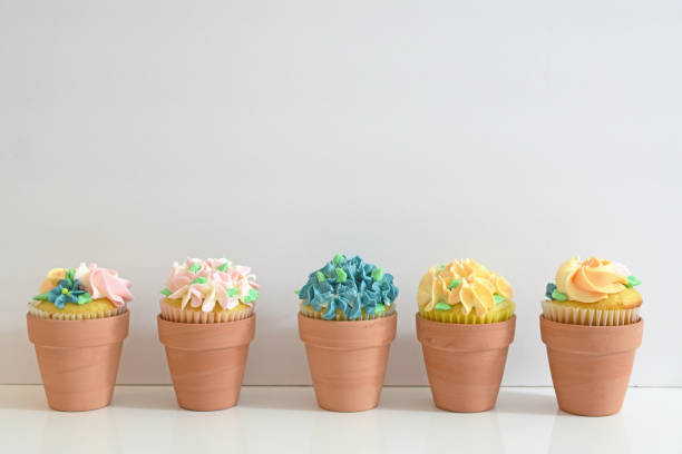 istock Assorted Garden Party Cupcakes in Terracotta Pots 1144458687