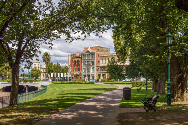 Historic buildingsxx Bendigo, Australia - 24th February 2018: Historic buildings from Queens gardens, Rosalind Park.  Bendigo was at the heart of the gold rush in the 19th century. bendigo photos stock pictures, royalty-free photos & images