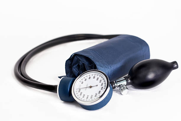 Blue and Black Blood Pressure Medical Cuff isolated on white stock photo