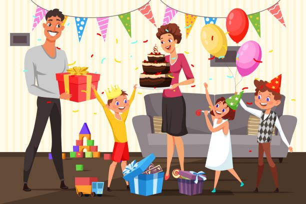 Family celebrating birthday at home illustration Family celebrating birthday at home vector illustration. Boy in crown opening present. Father holding gift box. Children cartoon characters in b-day hats. Mother with chocolate cake flat drawing birthday family stock illustrations