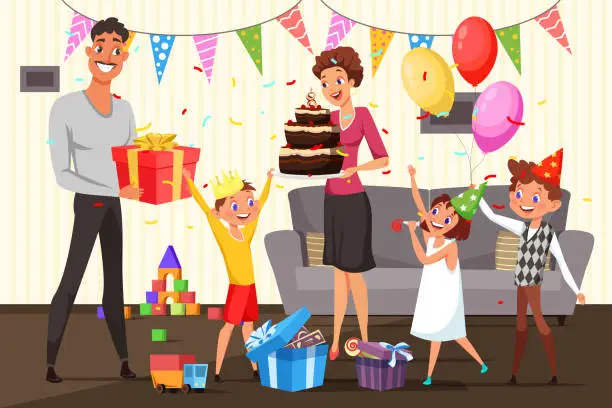 Vector illustration of Family celebrating birthday at home illustration