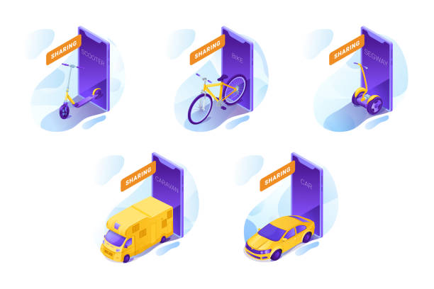 illustrations, cliparts, dessins animés et icônes de ensemble d’illustrations vectorielles de services de location de transport - location vélo
