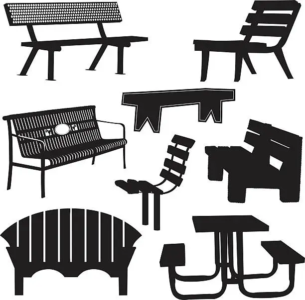 Vector illustration of Park and Garden Benches With a Picnic Table Silhouette Collection