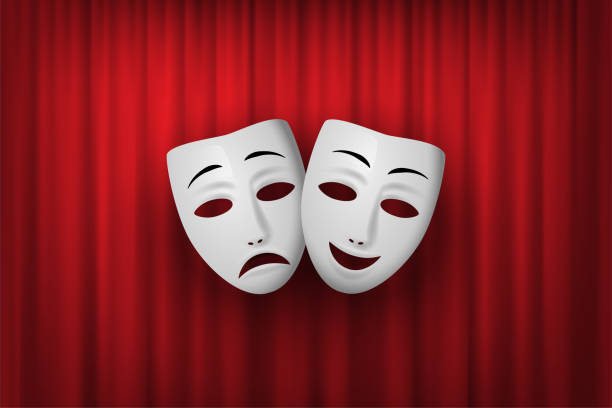 istock Comedy and Tragedy theatrical mask isolated on a red curtain background. Vector illustration. 1144461630