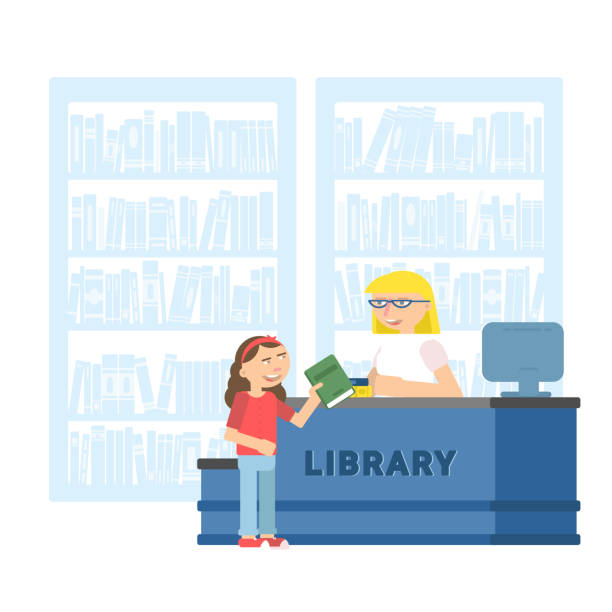 ilustrações de stock, clip art, desenhos animados e ícones de child in school library flat illustration - woman with glasses reading a book