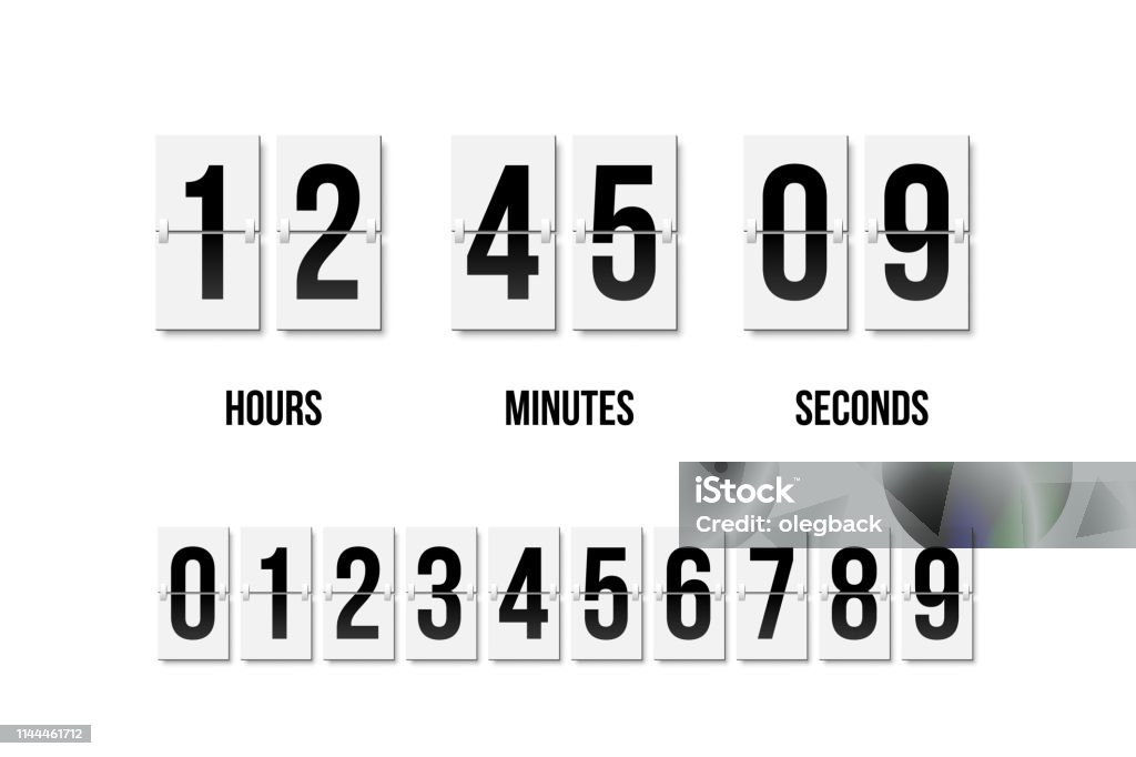 Flip-Uhr, die zeigt, wie viel Zeit: Stunden, Minuten und Sekunden. Flipboard mit schwarzen Zahlen im Retro-Stil. Vector Design Element. - Lizenzfrei Countdown Vektorgrafik