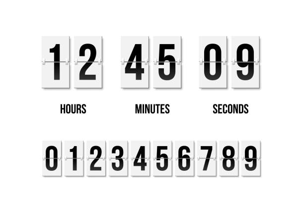 ilustraciones, imágenes clip art, dibujos animados e iconos de stock de flip clock mostrando cuánto tiempo: horas, minutos y segundos. flip board con números negros en estilo retro. elemento de diseño vectorial. - countdown