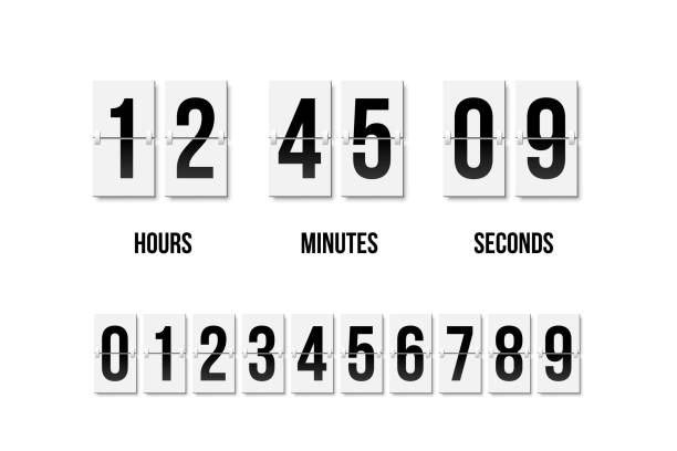 illustrations, cliparts, dessins animés et icônes de horloge flip montrant combien de temps: heures, minutes et secondes. flip board avec des chiffres noirs dans le style rétro. élément de conception vectorielle. - digital timer