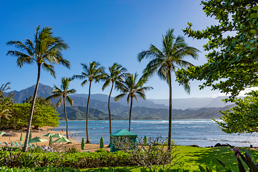 Beach at a resort at Hanalei Bay and the Na Pali coast Princeville Kauai Hawaii USA in the late afternoon sun