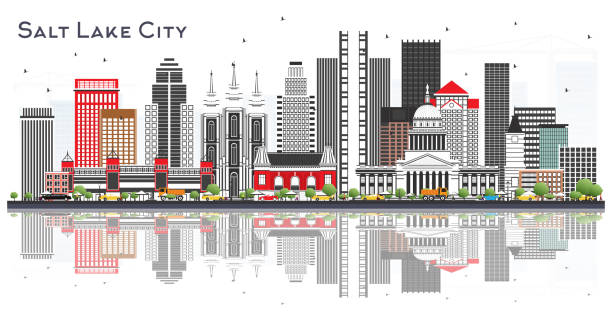 salt lake city utah city skyline mit gray buildings isolation auf weiß. - salt lake city illustrations stock-grafiken, -clipart, -cartoons und -symbole