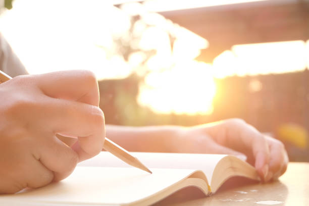 istock female hands with pencil writing on notebook in park 1144468618