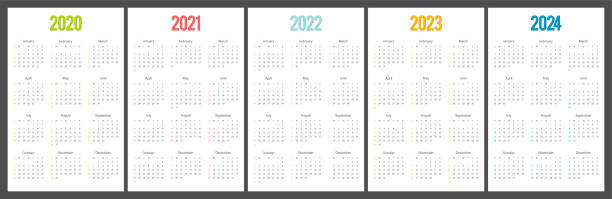 stockillustraties, clipart, cartoons en iconen met kalender 2020, 2021, 2022, 2023, 2024 week start op zondag corporate design template. 5 jaarkalender. - april 2023