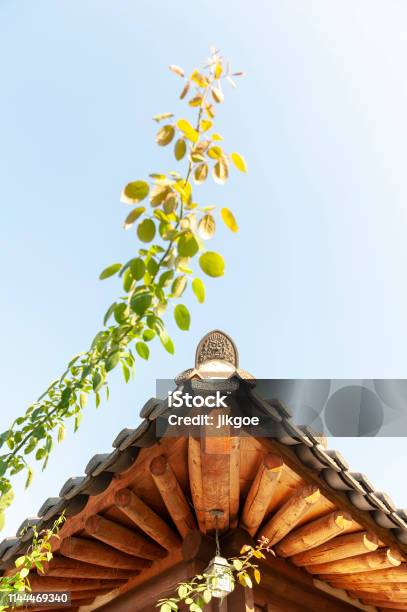 Architectural Details Of Wooden Eaves And Ceramic Tile Roof Ends Of A Tradition House At Korean Ancient Village In Jeonju South Korea Stock Photo - Download Image Now
