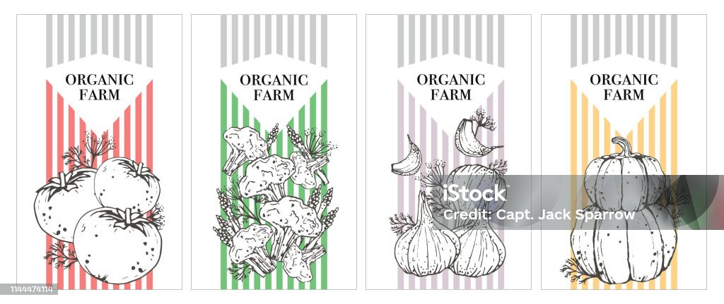 Vegetarian vegetables template collection Vegetarian vegetables template collection. Natural products from a vegetable farm on a striped background. Kitchen textiles. Art stock vector