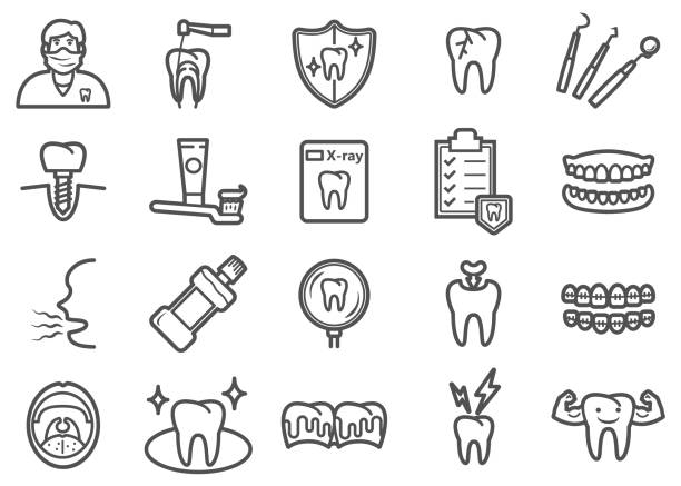 Dental Health Line Icons Set There is a set of icons about dental health and related tools in the style of Clip art. teeth clipart stock illustrations
