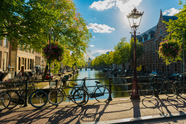 istock Bicycles on a Bridge Crossing Over a Canal in Amsterdam, Holland 1144478424