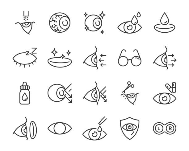 set of eye icons, such as eyedropper, sensitive, blind, eyeball, eyeproblem, lens set of eye icons, such as eyedropper, sensitive, blind, eyeball, eyeproblem, lens optometrist stock illustrations