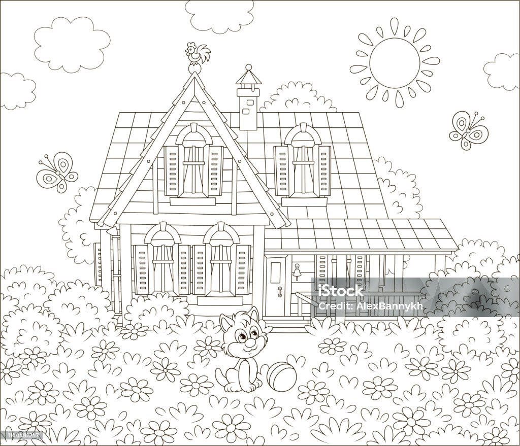 Village house on a sunny summer day Vector illustration of a country cottage and a small kitten playing with butterflies among flowers on grass of a lawn, black and white vector illustration in a cartoon style for a coloring book Animal stock vector