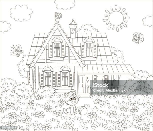 Village House On A Sunny Summer Day Stock Illustration - Download Image Now - Animal, Beauty, Black And White