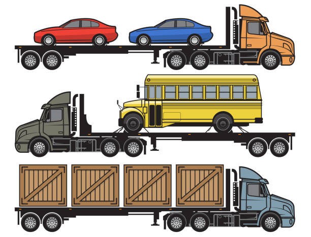 modern cargo truck trailer. ladung liefert fahrzeug - car side view truck truck driver stock-grafiken, -clipart, -cartoons und -symbole