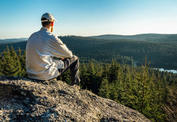 istock Young man sit on rock with forest and pond, looking to valley 1144482277