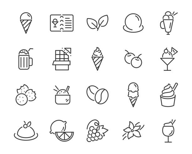 illustrations, cliparts, dessins animés et icônes de ensemble d’icônes de crème glacée, comme le parfait, le yogourt glacé, la crème glacée, la vanille, le chocolat - the splits