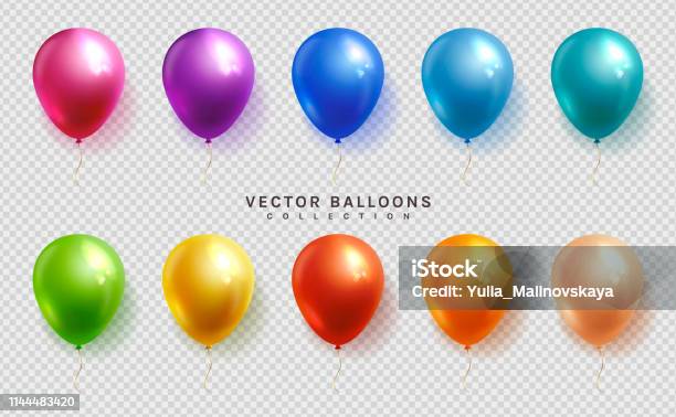 Набор Разноцветных Воздушных Шаров Вектор — стоковая векторная графика и другие изображения на тему Воздушный шарик - Воздушный шарик, Синий, Векторная графика