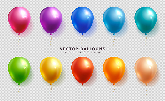 Set of colorful balloons on a transparent background. Vector objects in realistic style.