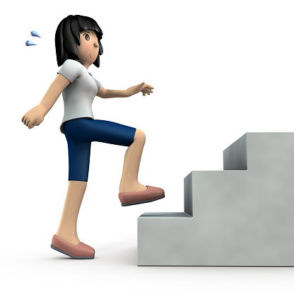 Young woman going up the stairs. She is exercising for health. White background. 3D illustration.