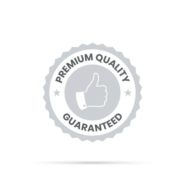 Trendy Gray Badge - Premium Quality, Guaranteed Gray Trendy badge (Premium Quality, Guaranteed), with shadow and isolated on a white background. Elements for your design, with space for your text. Vector Illustration (EPS10, well layered and grouped). Easy to edit, manipulate, resize or colorize. reliability stock illustrations