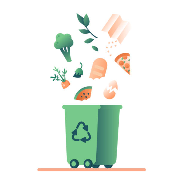 illustrazioni stock, clip art, cartoni animati e icone di tendenza di bidone della spazzatura verde e rifiuti organici in caduta - spreco alimentare