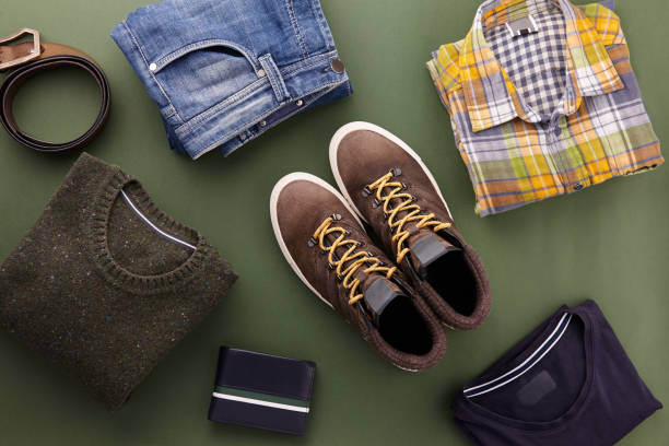 istock Mens fall casual clothes flat lay on green 1144491608