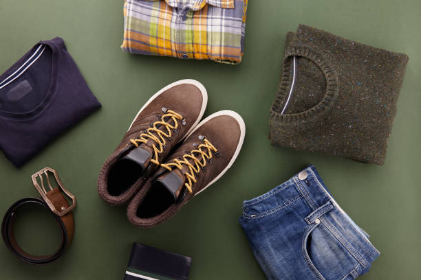 istock Mens fall casual clothes flat lay on green 1144491640