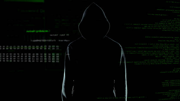 istock Male hacker silhouette in hoodie standing in front of animated computer code 1144493858