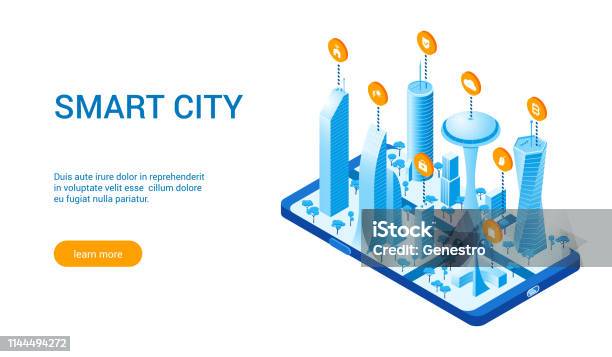Isometric Smart Cityscape 02 Stock Illustration - Download Image Now - Architecture, Block Shape, Building Exterior