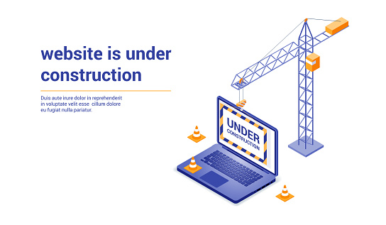 Website is under construction page. Image of a crane and laptop. Isometric style vector illustration