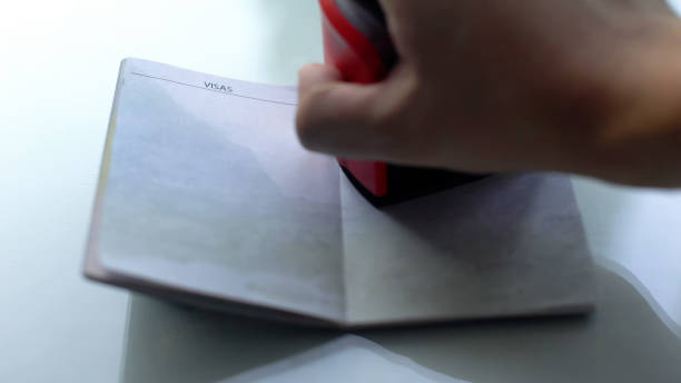 istock Customs officer hand stamping rectangular seal in passport, travelling, visa 1144494330