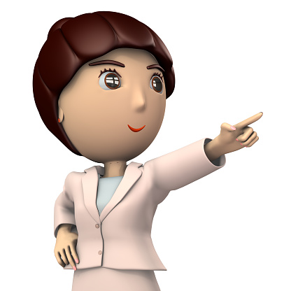 Young woman in a suit. She is pointing at a goal. White background. 3D illustration.