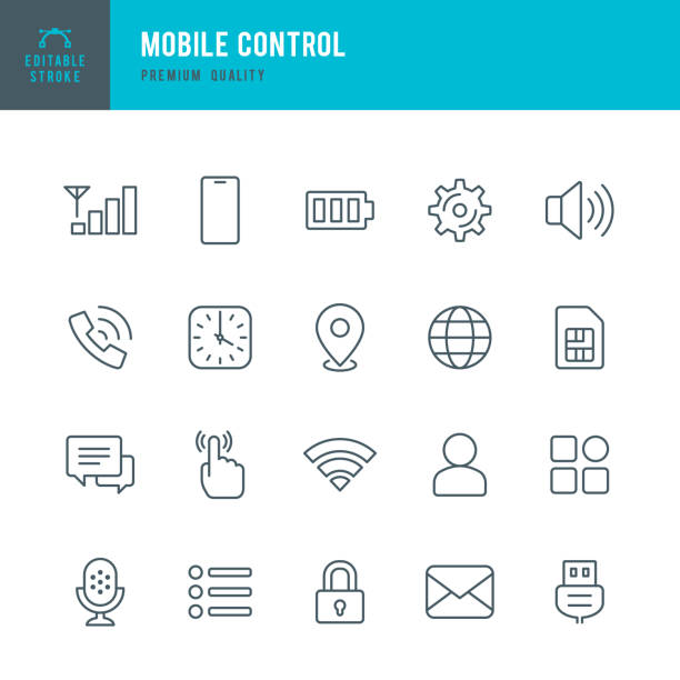 モバイルコントロール-細い線ベクトルアイコンのセット - simカード点のイラスト素材／クリップアート素材／マンガ素材／アイコン素材