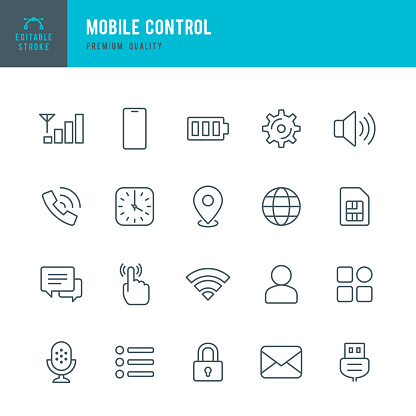Set of 20 Mobile Control thin line vector icons. Sound, Location, Apps, Security, Microphone, Time and so on
