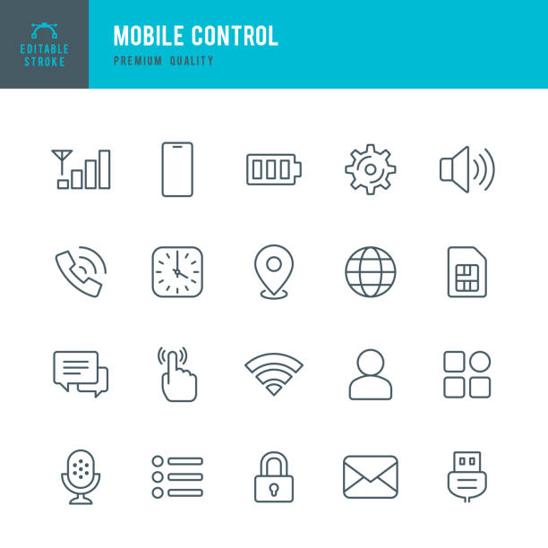 Mobile Control - set of thin line vector icons Set of 20 Mobile Control thin line vector icons. Sound, Location, Apps, Security, Microphone, Time and so on sim cards stock illustrations