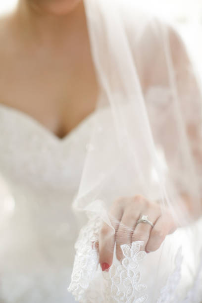 istock Bride in wedding dress holding veil 1144498468