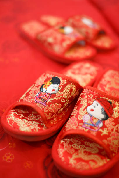 istock Red slippers for traditional Chinese wedding couple 1144498672