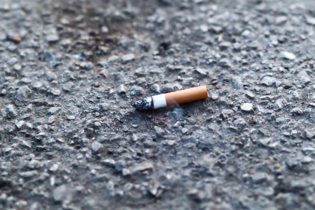 istock burning cigarette butt, single, isolated on concrete. Cigarette on pavement 1144502259
